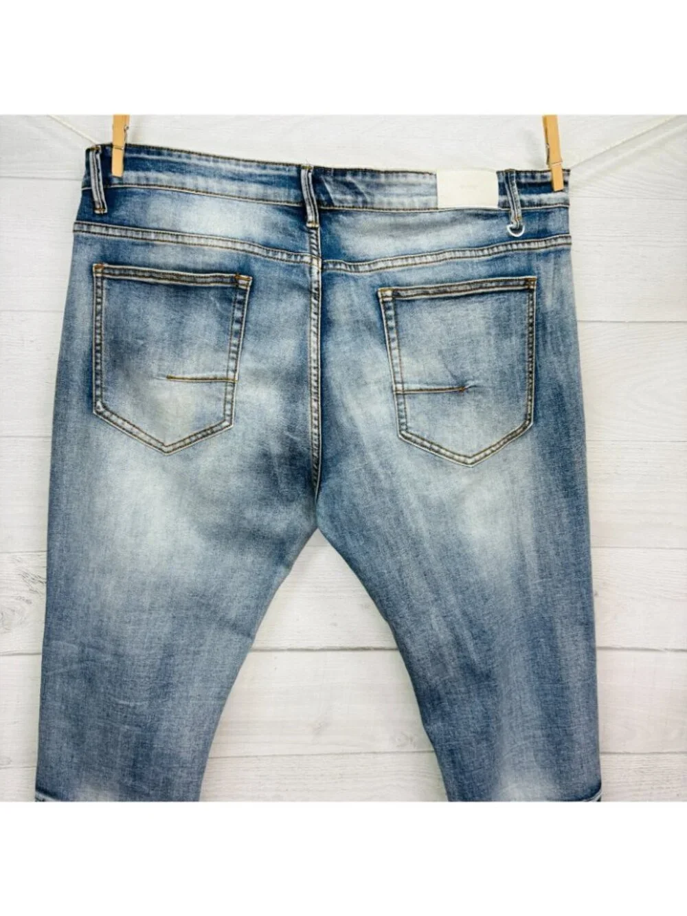 KDNK Men’s Distressed Ripped Jeans Size 40 Light Wash Slim Fit Streetwear